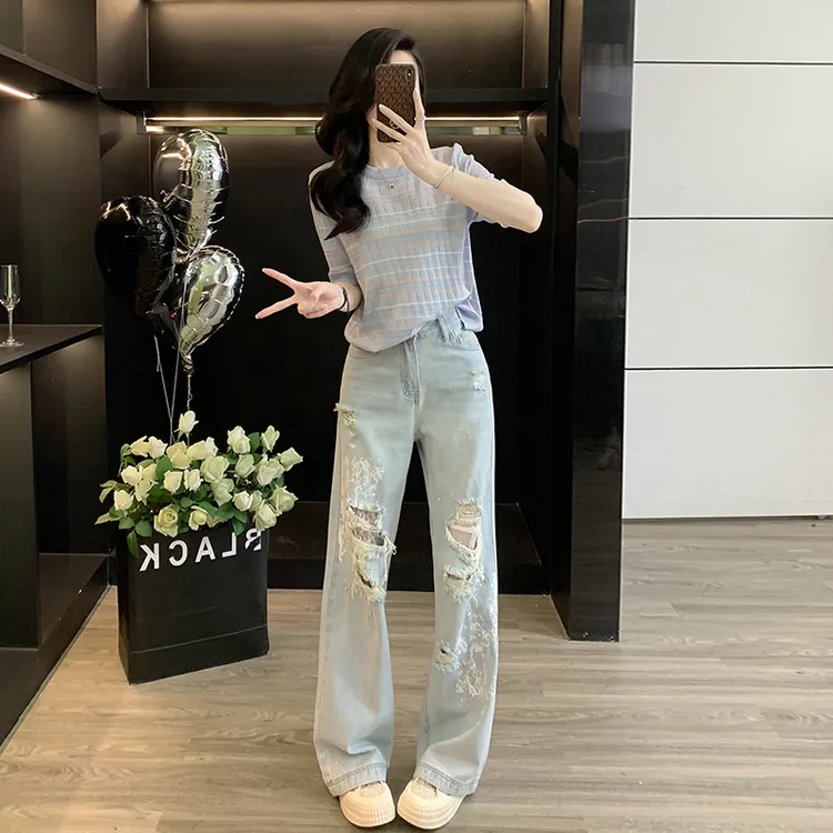 条纹冰丝针织衫百搭短袖t恤女上衣烫钻蕾丝拼接破洞牛仔裤直筒裤