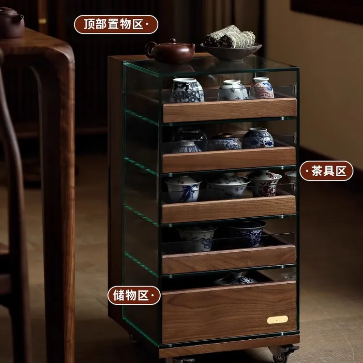 北美黑胡桃木玻璃展示柜边柜可移动首饰收纳柜手办柜子实木茶具柜
