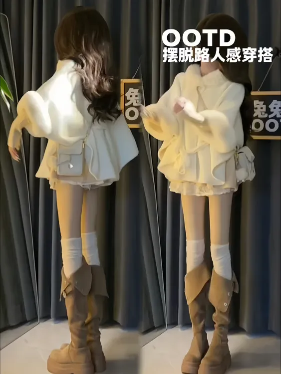 韩版气质立领高档大毛领披肩斗篷女针织开衫裙+蕾丝打底裙三件套