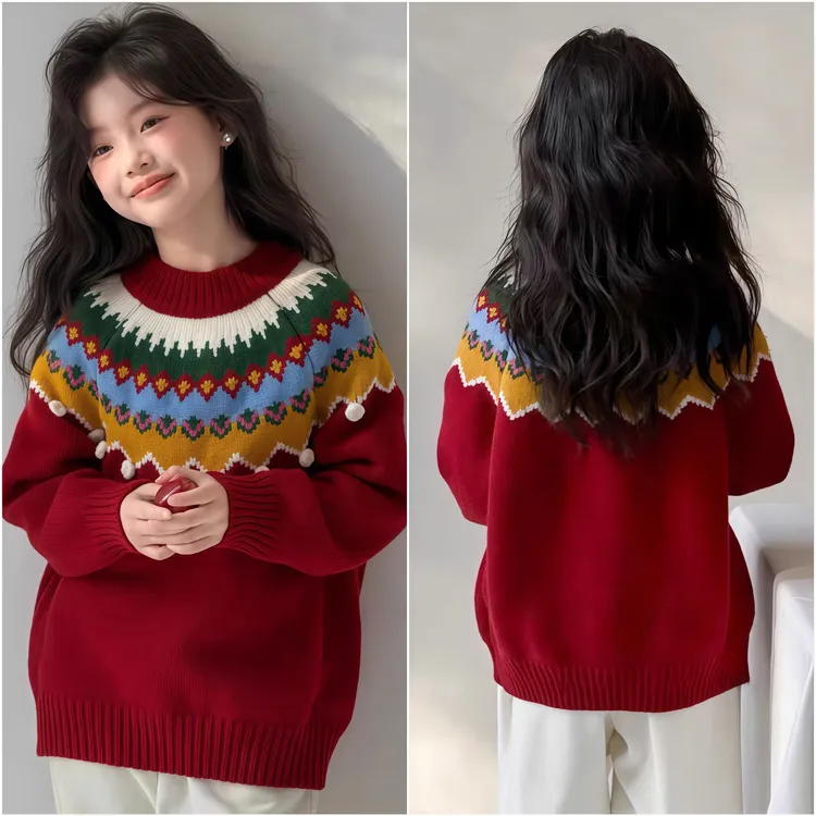 女童毛衣2025秋冬新款女孩洋气圣诞喜庆加厚针织衫女宝宝保暖衣服