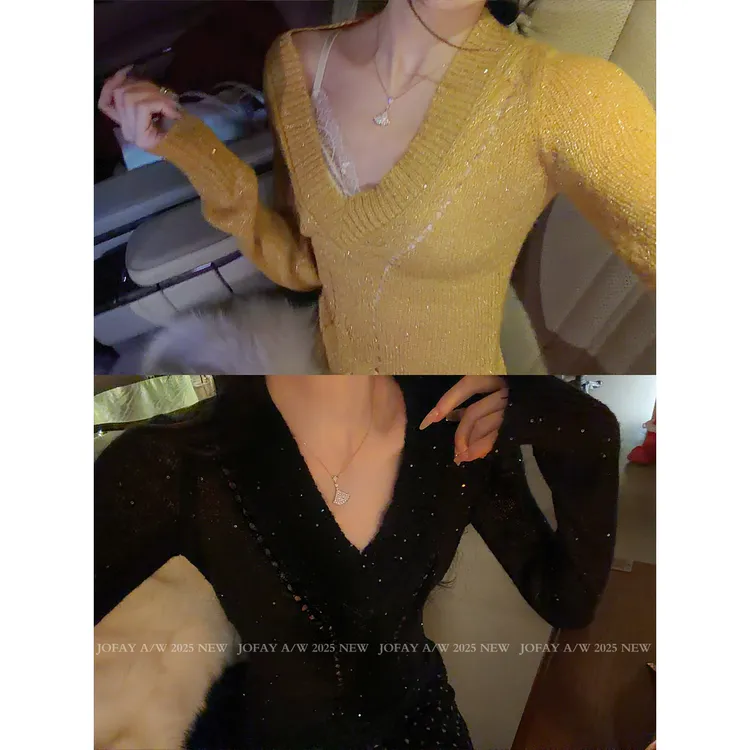 |斩男斩女|绞花细闪针织毛衣 冬款百搭修身显瘦V领针织 M1370