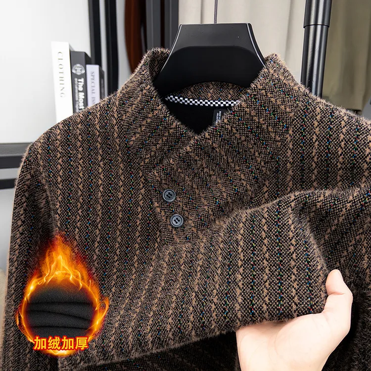 冬季新款男士扭花加绒加厚保暖潮流V领针织衫套头毛衣时尚韩版