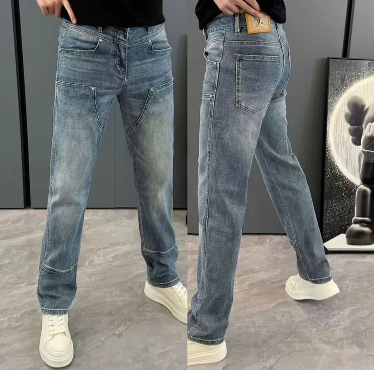 男士牛仔裤秋季新款宽松百搭潮流直筒裤男绿松石拼接时尚显瘦男裤