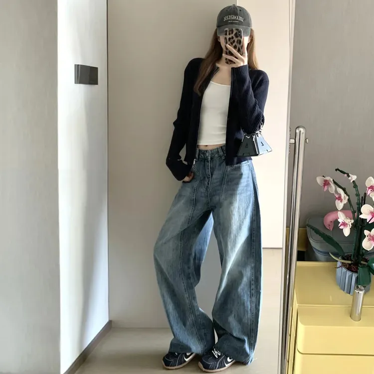 雪千羽美式复古弯刀阔腿牛仔裤女2025秋季新款高腰宽松直筒镰刀裤
