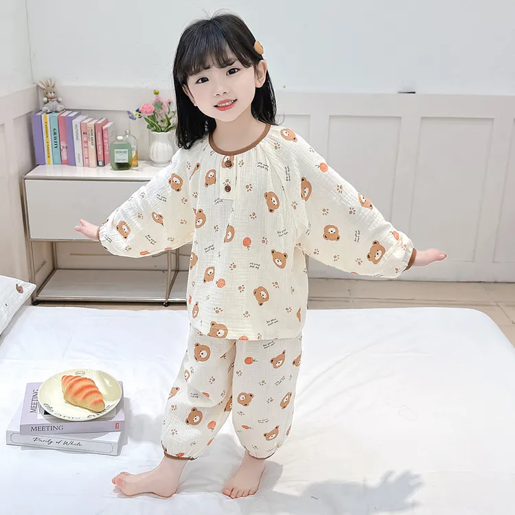 儿童纯棉纱布长袖睡衣宝宝女孩夏季棉纱薄款女童空调家居服套装