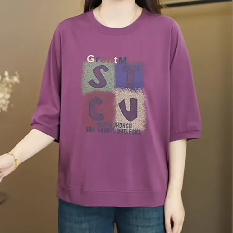 夏季新品时尚圆领T恤洋气印花字母短袖透气上衣休闲减龄女装