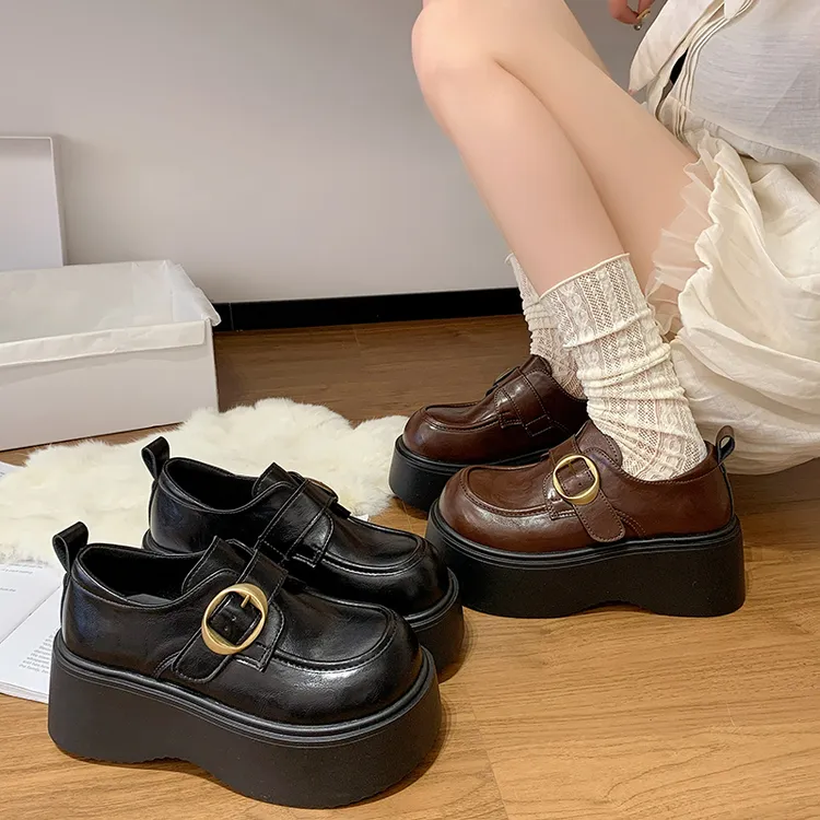 7cm厚底增高魔术贴乐福鞋女2025秋季新款英伦风松糕百搭小皮单鞋