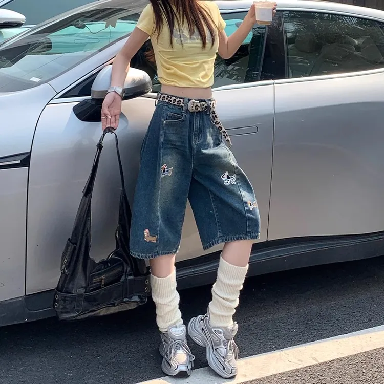 大码美式刺绣小狗五分牛仔裤女2025新款夏季复古水洗高腰直筒短裤