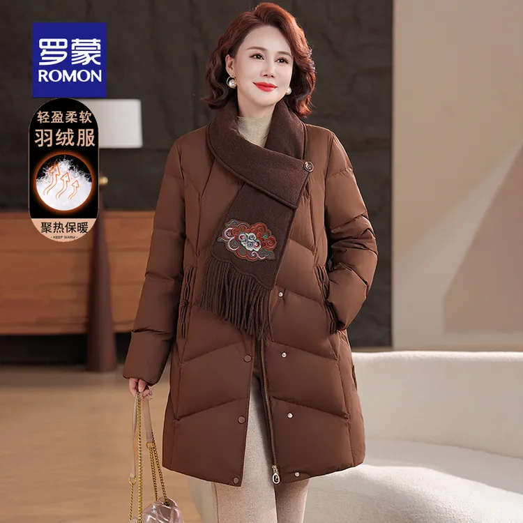 罗蒙中长款羽绒服女2025冬季新款中老年妈妈装国风围巾领羽绒外套