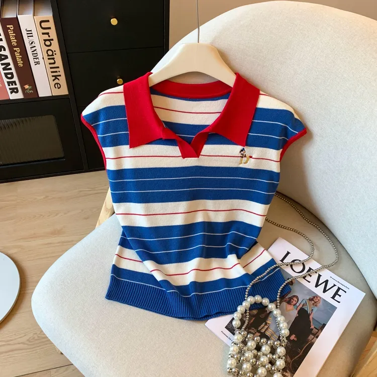 学院风撞色条纹polo领冰丝针织小飞袖上衣女夏季小个子正肩短袖潮