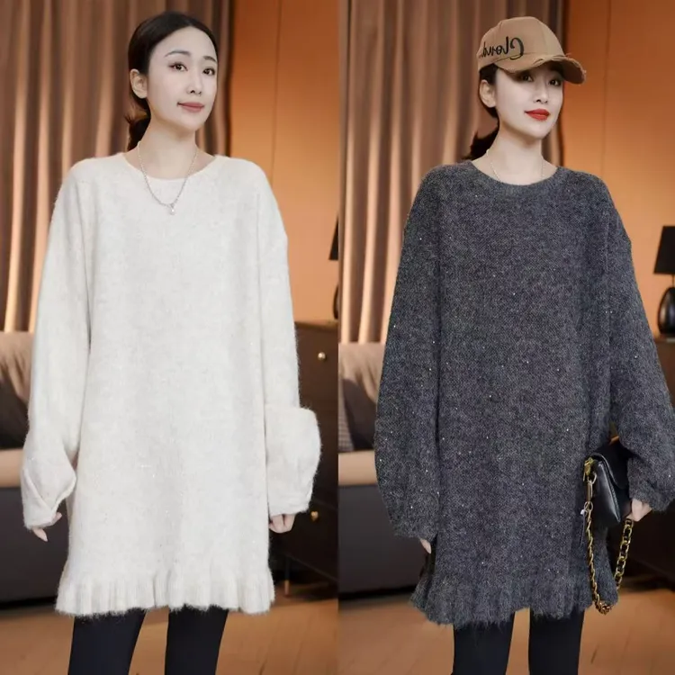 冬季新款 亮晶晶木耳边拼接毛衣时尚显瘦气质韩版慵懒风针织衫