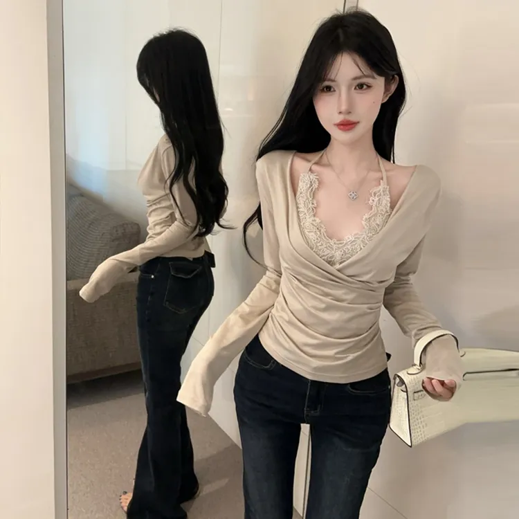 纯欲风性感交叉V领蕾丝花边吊带上衣叠穿修身显瘦打底衫两件套装