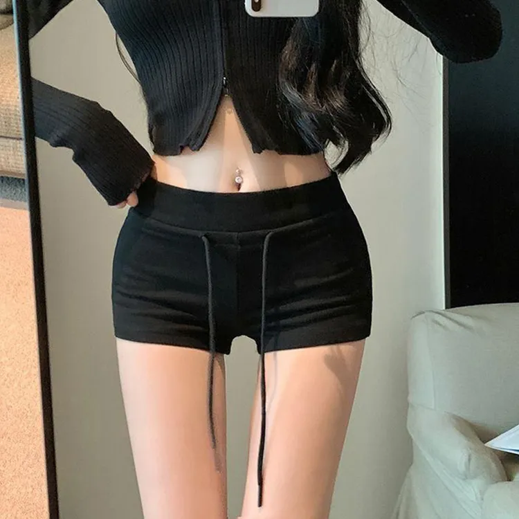 夏季简约直筒短裤修身低腰性感拼接休闲运动热裤抽绳辣妹显腿长潮