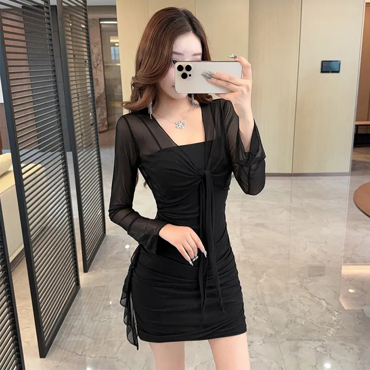 御姐风性感吊带网纱长袖开衫上衣+辣妹气质收腰显瘦荷叶边连衣裙