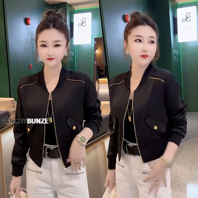 BUNZE 欧货2025春秋新款韩版简约时尚圆领短款外套女夹克修身显瘦