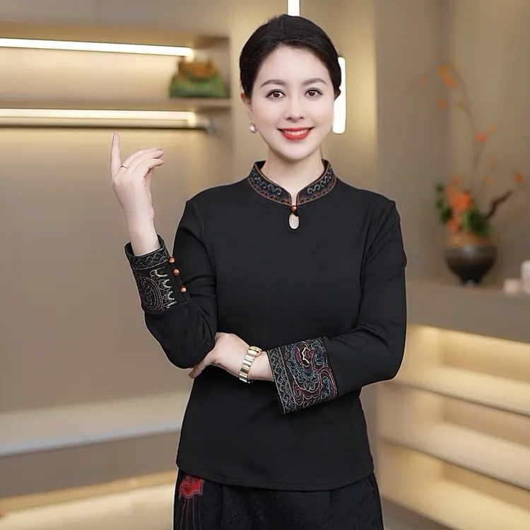 雅诗新中式T恤 中国风装新款气质上衣打底衫长袖新款显瘦时尚百搭
