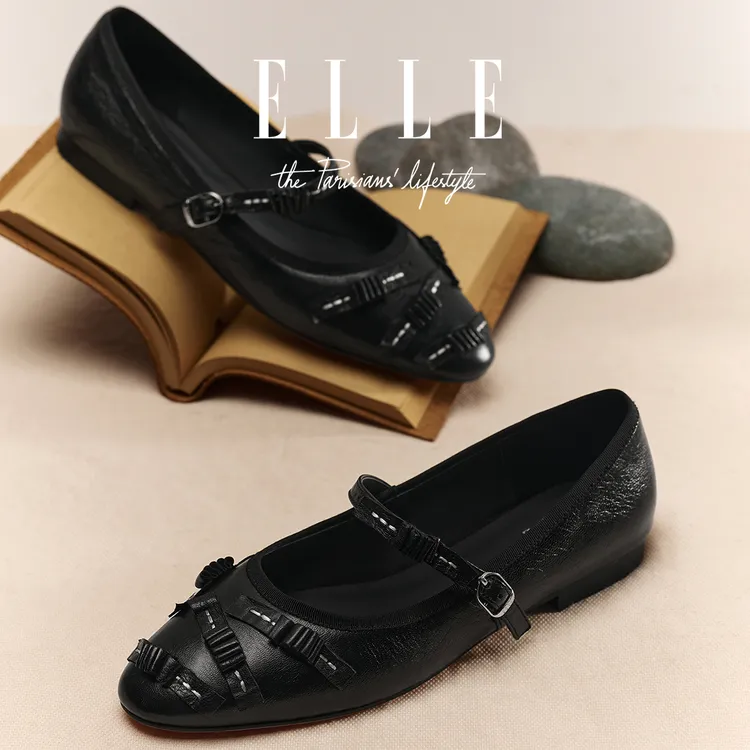 ELLE高级感洋气平底玛丽珍女鞋浅口褶皱设计小皮鞋轻奢软底芭蕾鞋