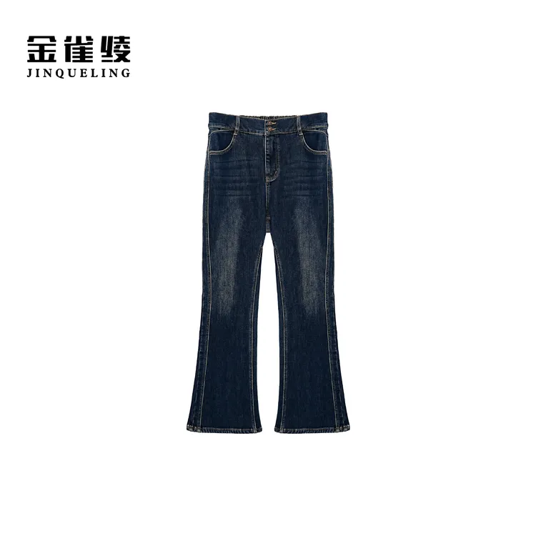 金雀绫【花青小喇叭】设计款织绒加宽加大微喇牛仔裤SZAK4KSY182