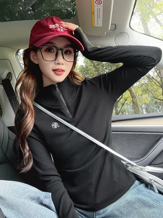 半开领拉链设计感长袖T恤女早秋季爆款韩版修身显瘦遮肉内搭上衣