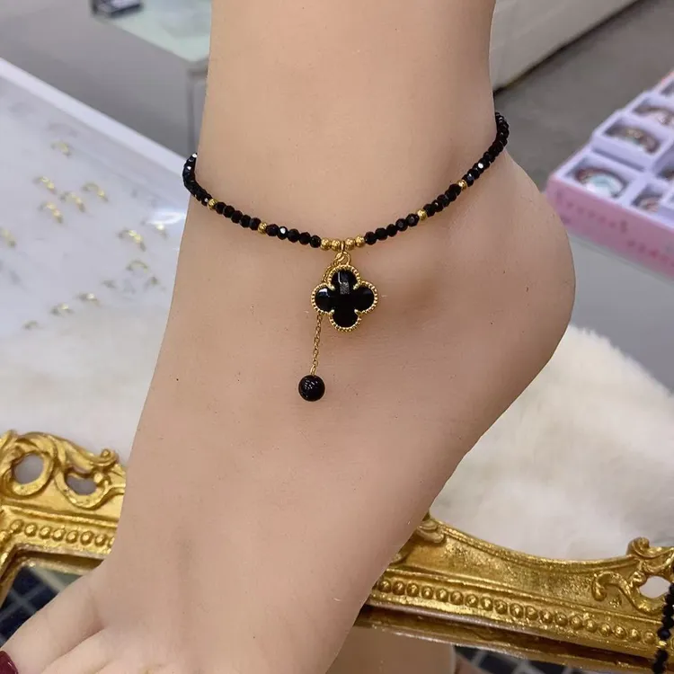 合金仿水晶脚链 酷黑辣妹四瓣花流苏脚链带延长链