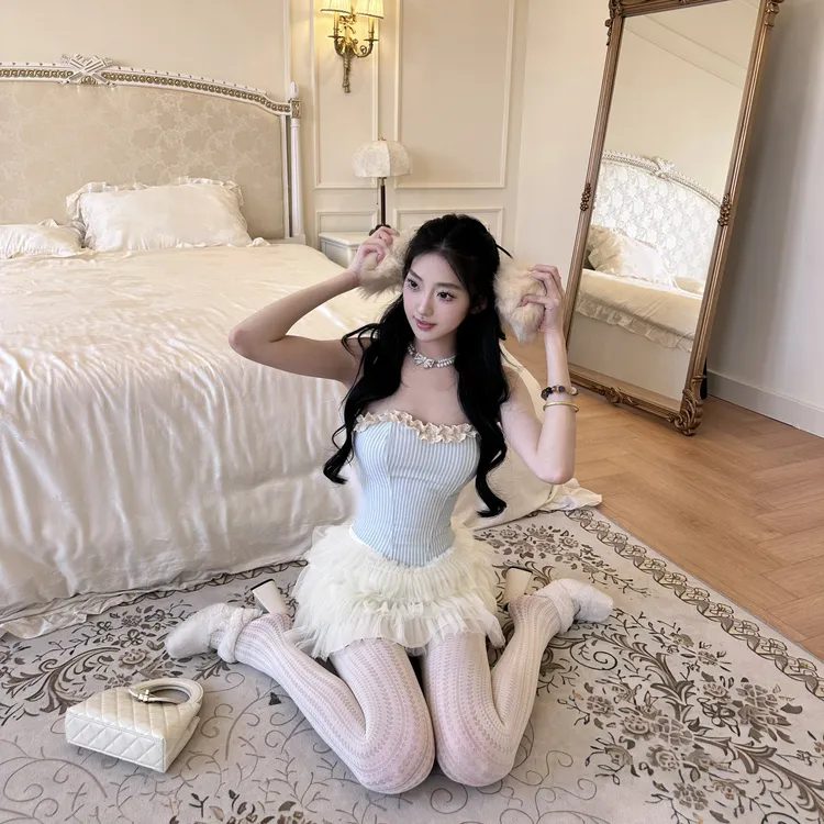 【玻璃娃娃】新品少女风花边蓝色条纹抹胸纱纱裙套装