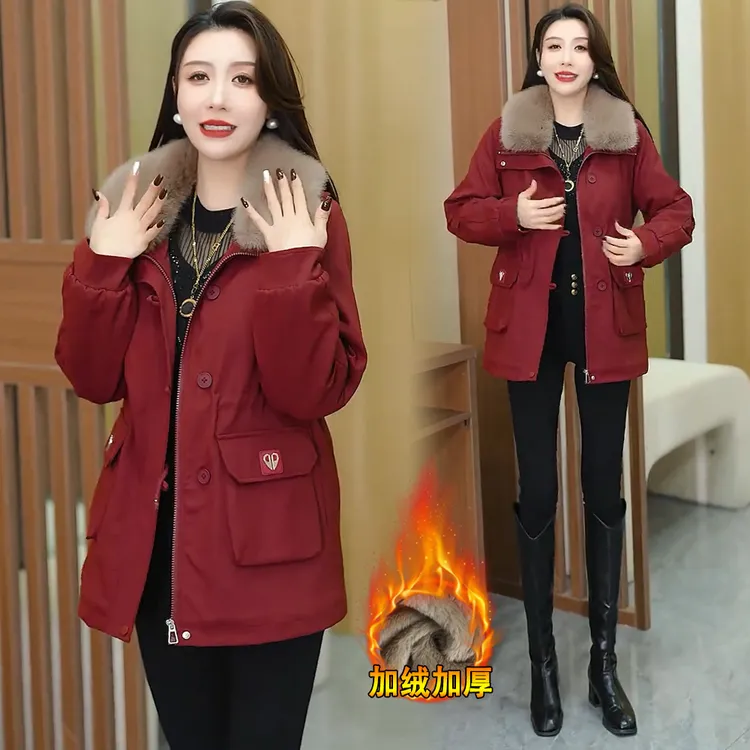 加绒加厚派克服女2025冬季新款时尚宽松显瘦收腰大毛领中长款外套