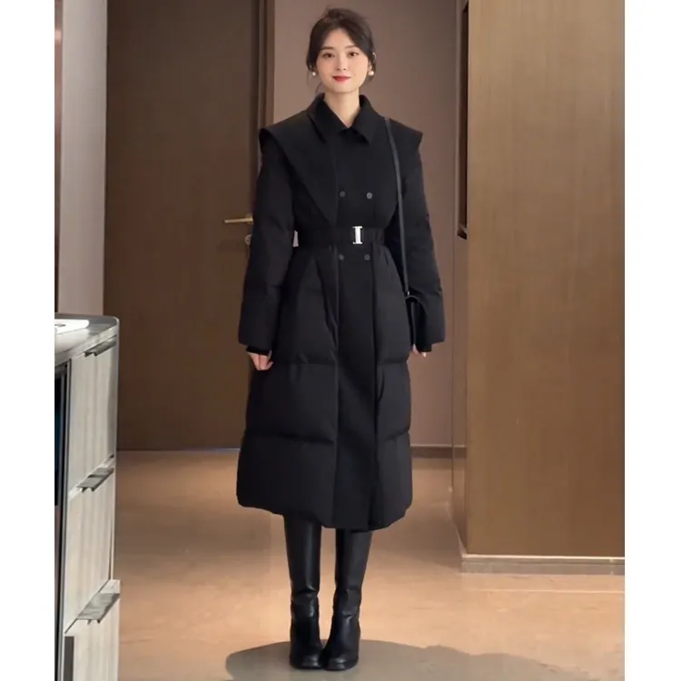 欧货黑色过膝长款羽绒服女冬季新款保暖加厚收腰显瘦白鸭绒外套