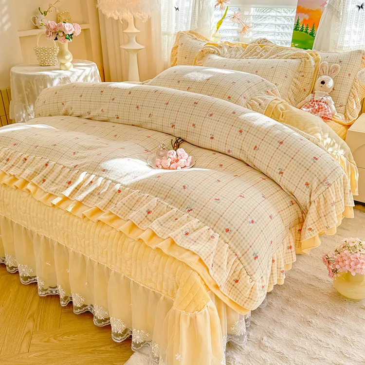 11斤重双层花边夹棉床单牛奶绒印花四件套蕾丝床盖三件套加厚保暖