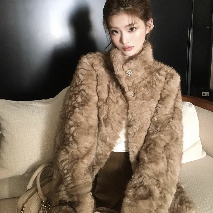 小熊心事新款毛毛大衣立领染尖皮毛一体慵懒休闲外套