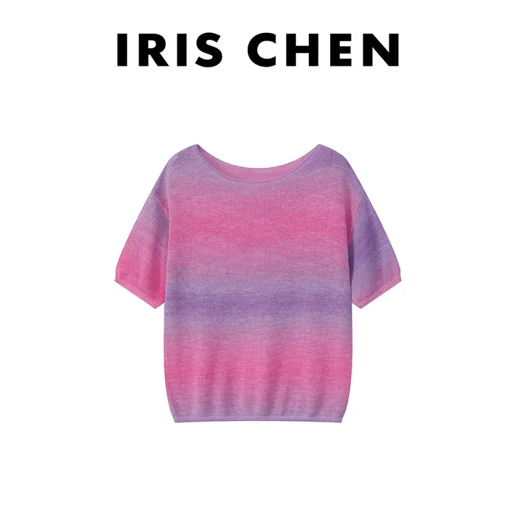 现货IRIS CHEN 彩绘短袖 2025春夏棉质透气渐变针织短袖25SY379