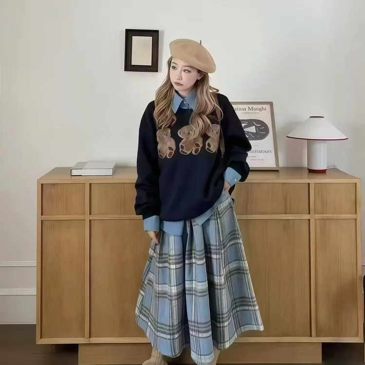 大码秋冬穿搭一整套学院风假两件三只熊外衣减龄遮肉半身裙套装潮