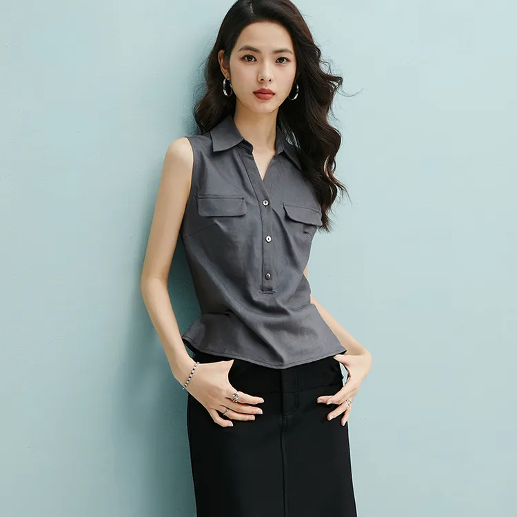 【新品】2025夏上衣翻领无袖衬衫女25041022