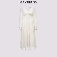 【高高甄选】MAXRIENY浪漫感连衣裙收腰压褶刺绣蕾丝长裙秋小白裙