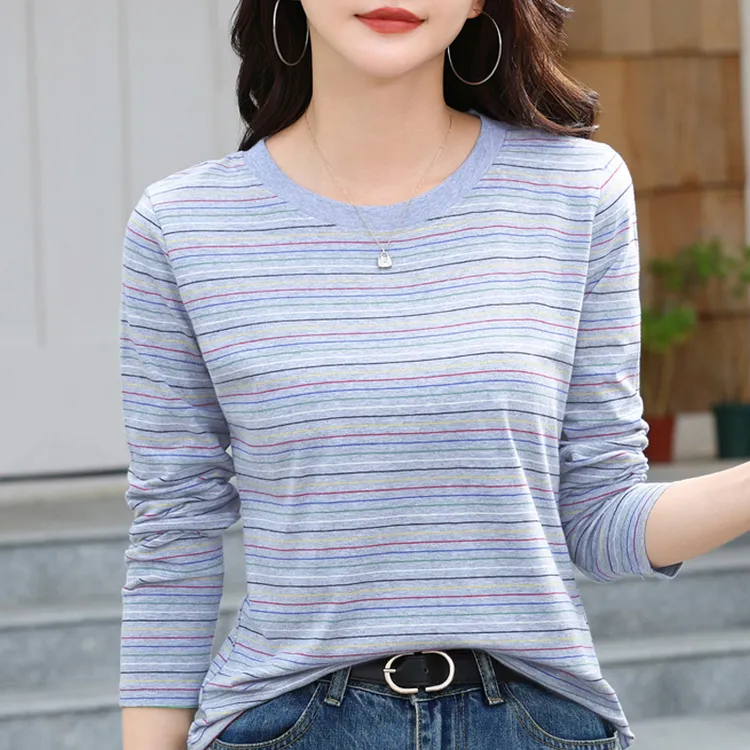 撞色条纹长袖T恤女春秋新款打底衫大码宽松显瘦洋气百搭上衣女