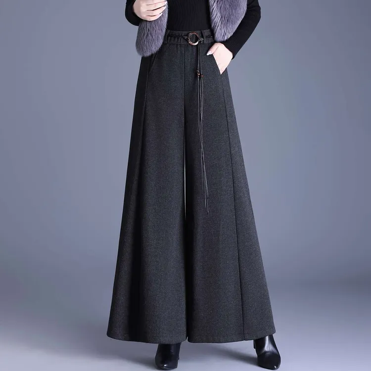 毛呢裙裤女秋冬新款复古宽松长裤高腰洋气妈妈裤子显瘦洋气阔腿裤