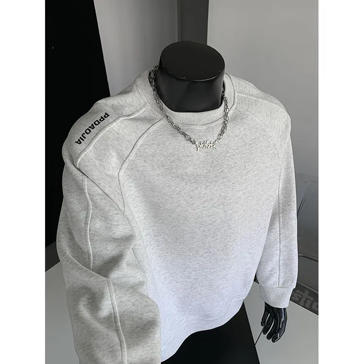 420G重磅华棉拼接卫衣男春秋美式休闲内搭打底衫圆领套头宽松上衣