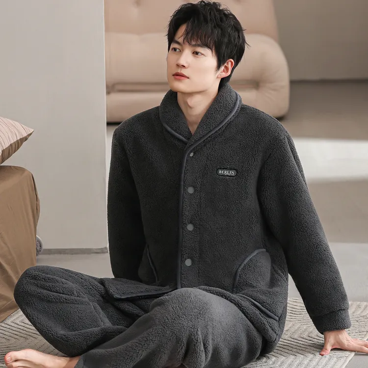 睡衣男秋冬加厚加绒法兰绒套装珊瑚绒家居服开衫休闲大码保暖冬装