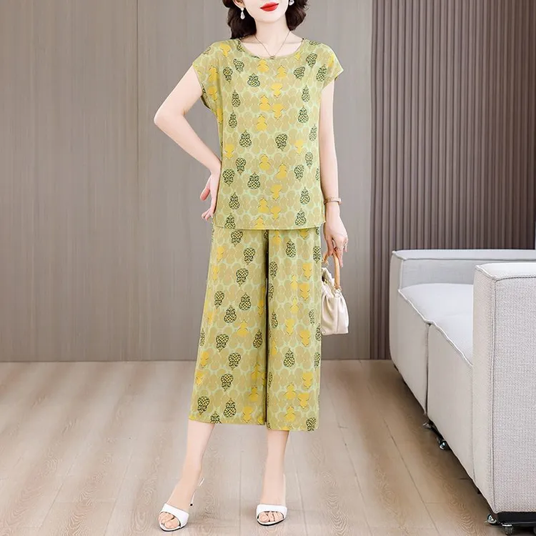 棉绸套装爆款上衣外穿休闲洋气宽松显瘦大码短袖减龄两件套气质