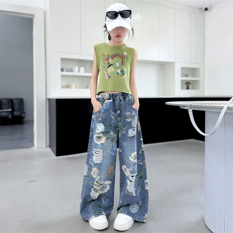 女童夏装套装2025新款洋气8-15岁女孩夏季无袖背心薄款牛仔阔腿裤