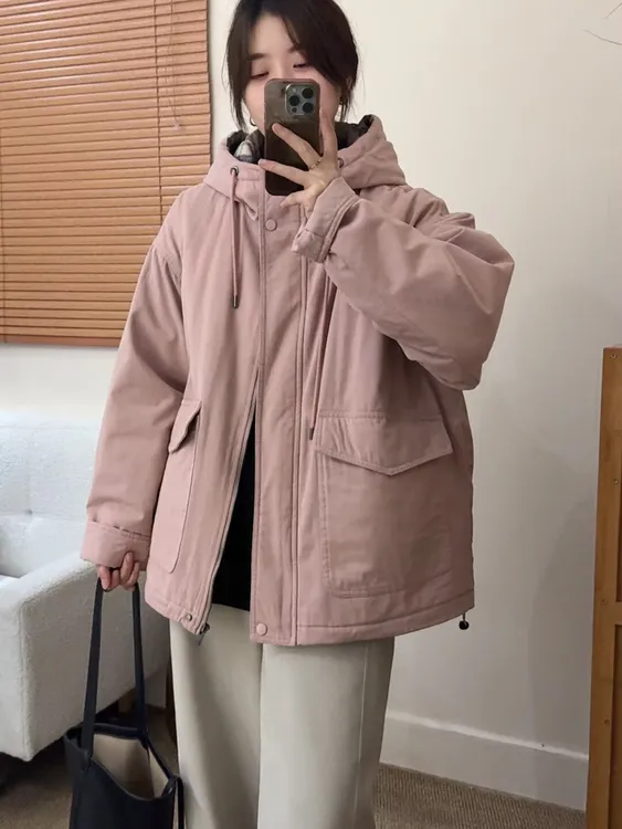 棉服女韩系高级感户外百搭格纹拼接连帽冬季新款保暖棉衣棉袄外套