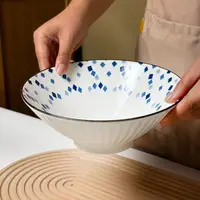 日式竖纹8英寸斗笠面碗釉下彩4只