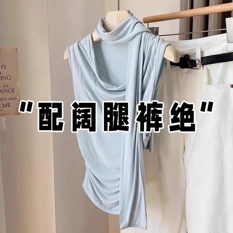 短袖t恤女夏季新款设计感小众独特辣妹收腰围脖气质荡领无袖上衣