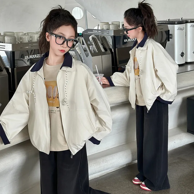 女童短款秋季女长袖拉链翻领短外套春秋装时尚百搭牛仔裤女孩套装