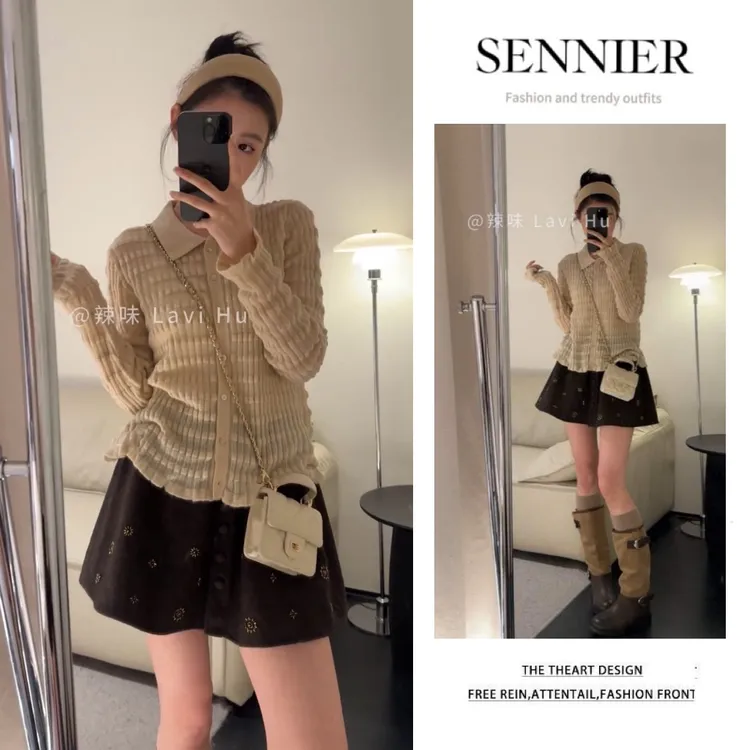 秋季温柔穿搭女2025新款韩版时尚洋气翻领针织衫气质短裙两件套装