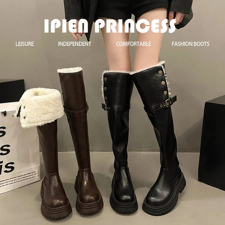 厚底棕色西部裤管靴女长靴高筒靴加绒保暖秋冬季2025新款骑士靴子