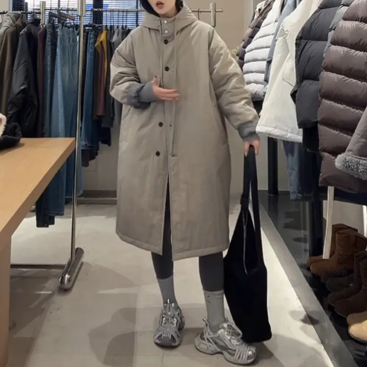 2025秋冬新款洋气连帽拼接长袖棉服女生时尚潮流减龄气质显瘦大衣