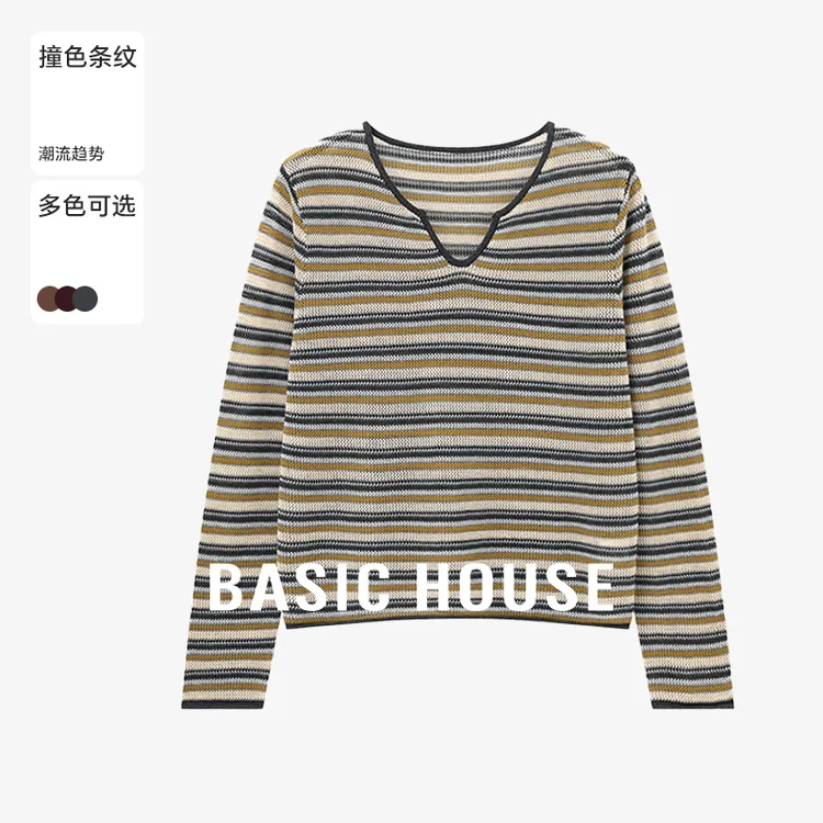 Basic House/百家好秋季老钱风女琥珀流光条纹针织衫-B0625B5JAM2