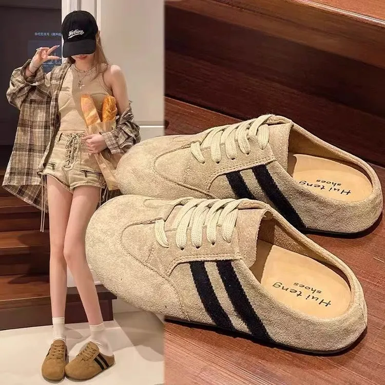 包头半拖鞋女外穿2025新款春季复古德训鞋舒适女厚底无后跟懒人鞋