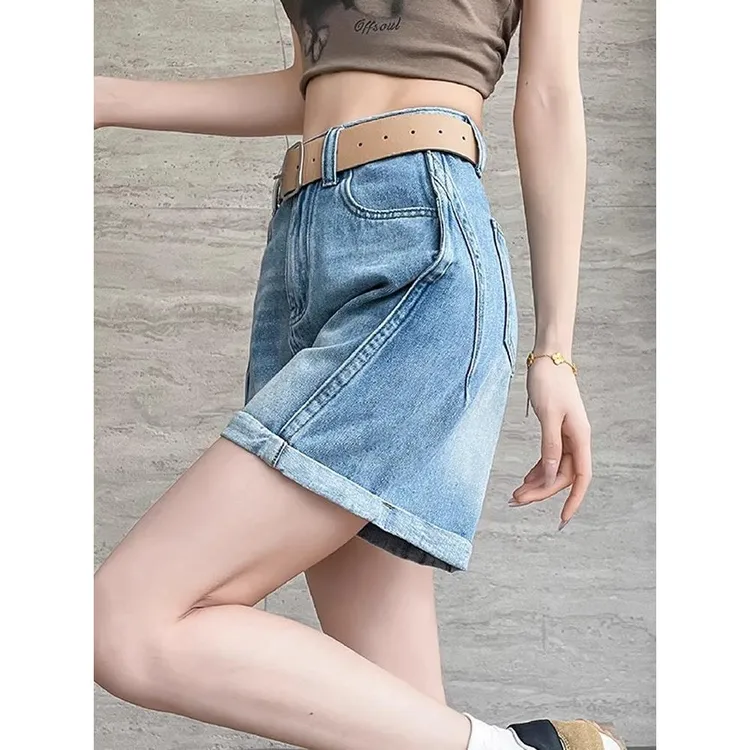 卷边牛仔短裤女2025夏新款高腰薄款阔腿裤百搭显瘦小个子a字短裤