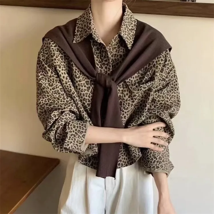 2025早秋新款披肩豹纹长袖衬衫外套女洋气百搭休闲小众衬衣上衣潮